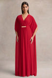 Romilly Red Plunge Neck Maxi Dress With Gathered Detail