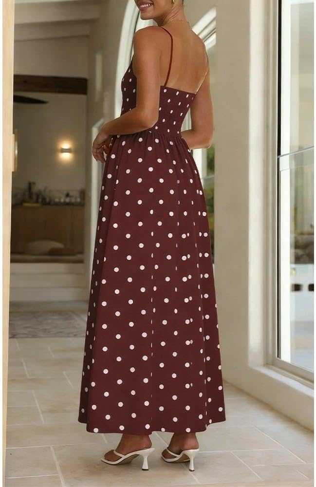 Women Polka Dot Maxi Dress Smocked Spaghetti Strap Flowy Sundress Summer Beach Vacation