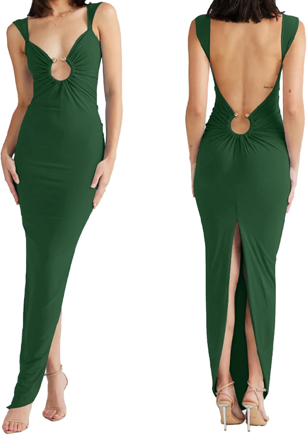 Women Sexy Backless Dress V Neck Sleeveless Open Back Split Maxi Dress Party Cocktail