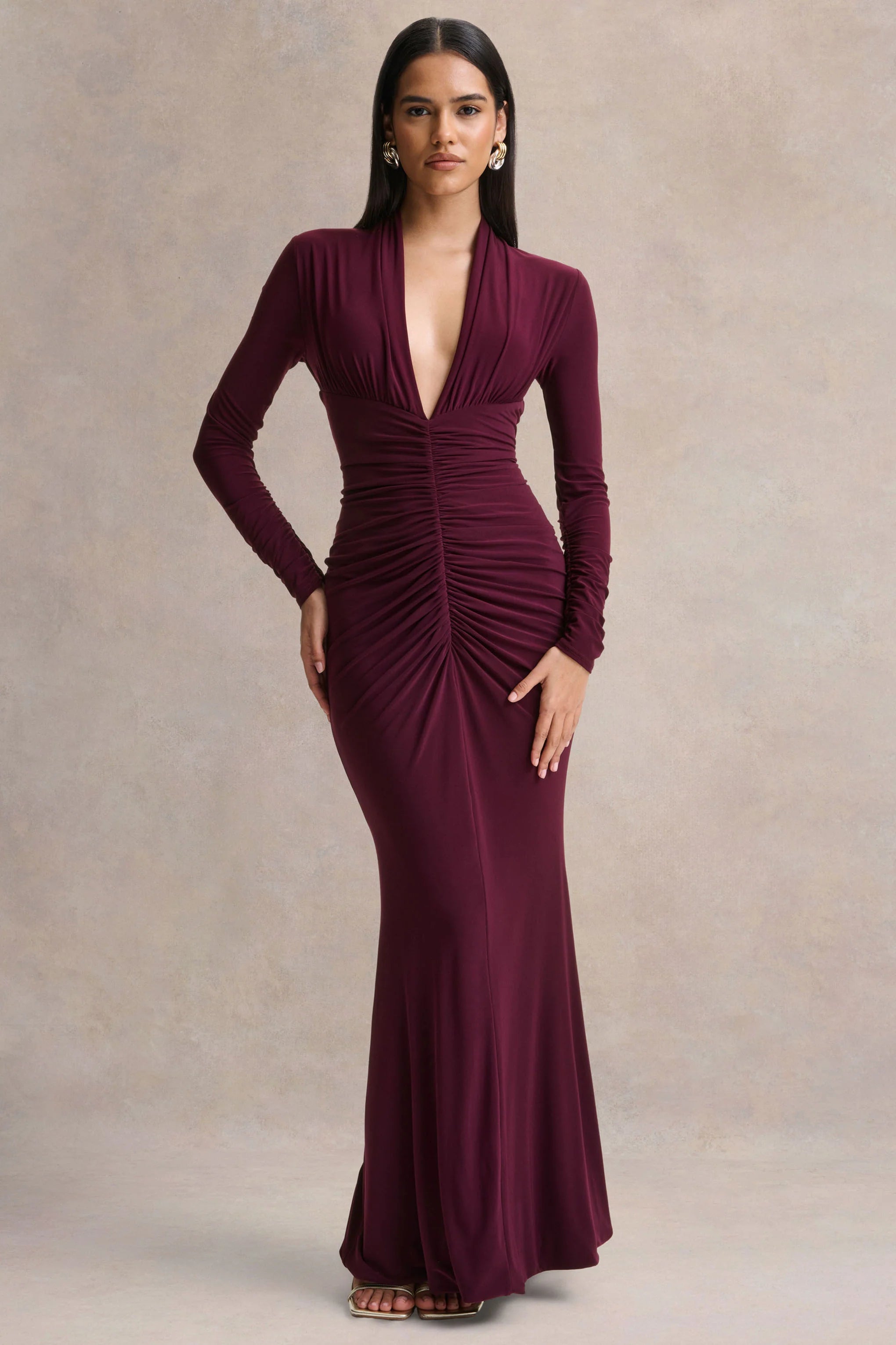 Tami Plum Plunge Neck Long Sleeve Maxi Dress