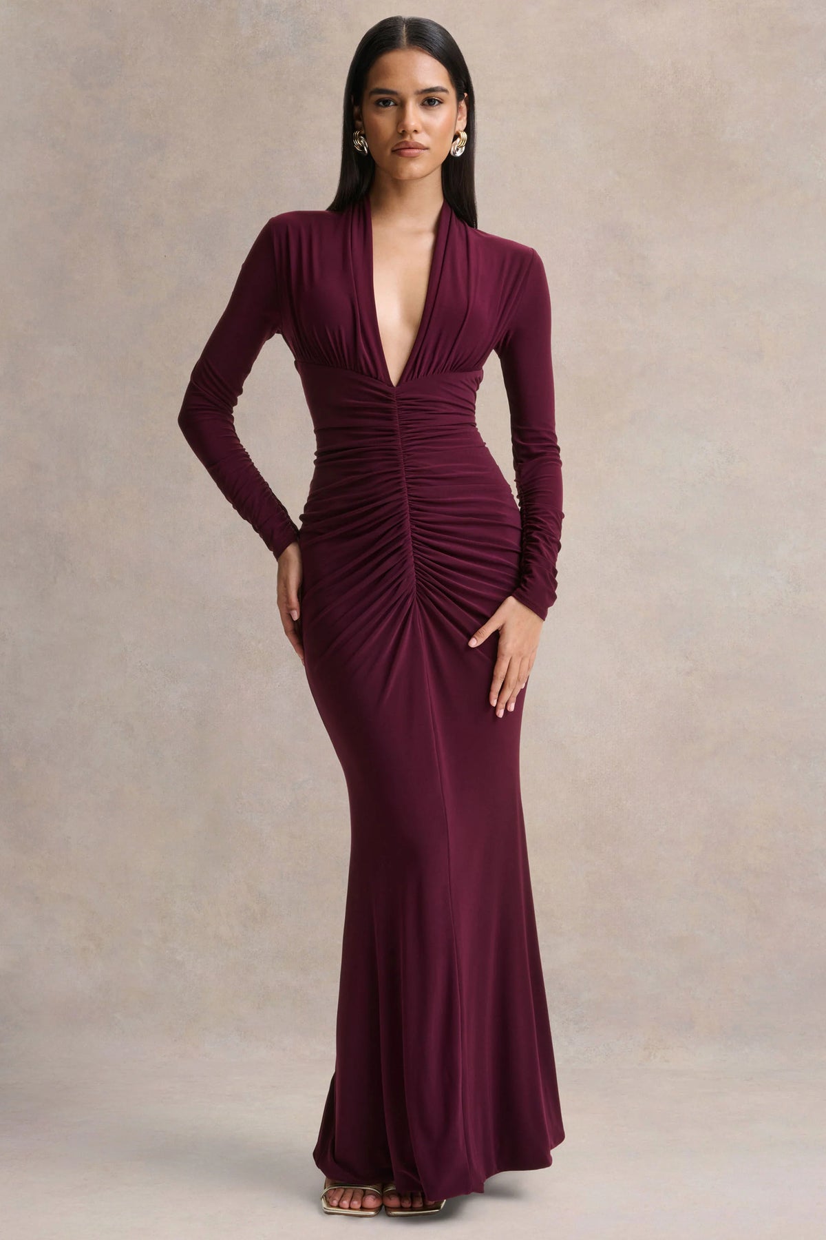 Tami Plum Plunge Neck Long Sleeve Maxi Dress