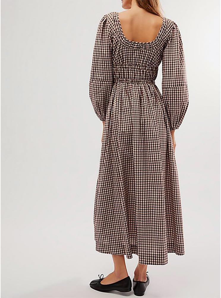 Women Plaid Maxi Dress Long Puff Sleeve Square Neck Flowy Boho Dress Bow Tie Smocked Fall Dresses