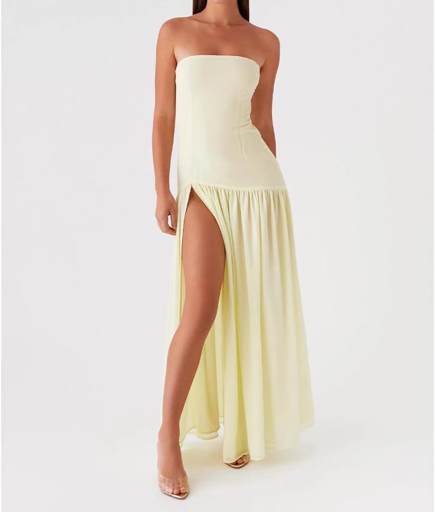 Women Tube Top Dress Tiger Stripe Mesh Patchwork Maxi Dress Strapless Sexy High Slit Long Dresses Beach Vacation
