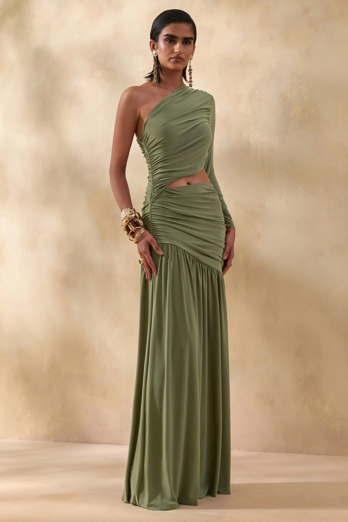Kinsley Olive Asymmetric Neck Maxi Dress With Body Cut Out Detail