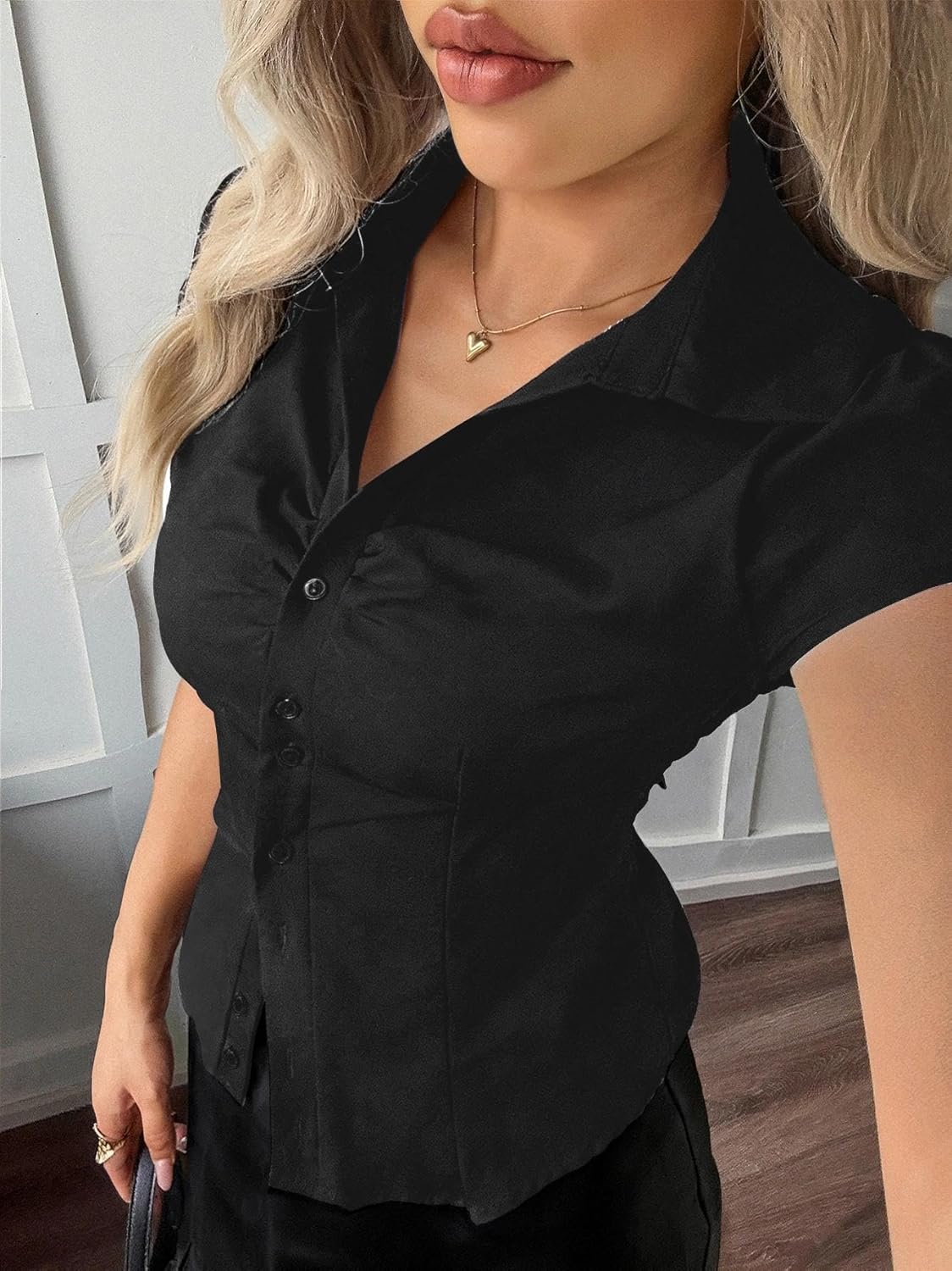 Women Button Down Shirt Y2k Short Sleeve Collared Fitted Blouse Tie Back Going Out Tops