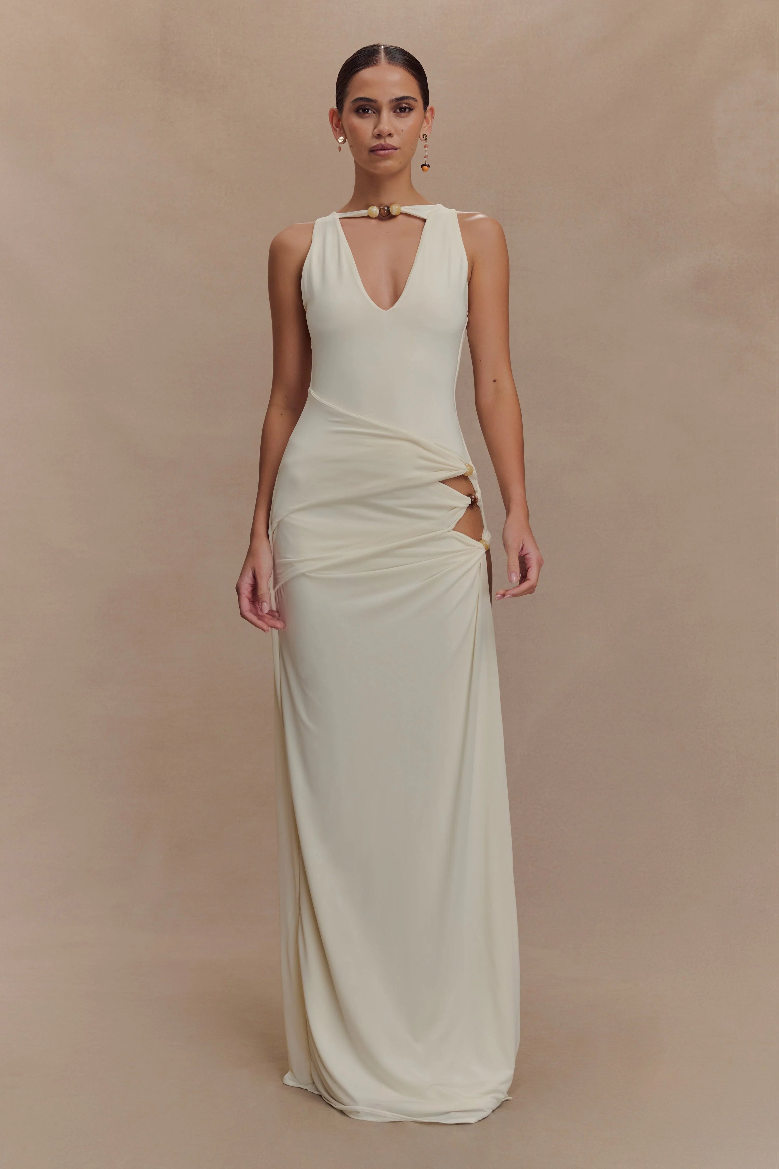 Kaiden Slinky Beaded Maxi Dress Ivory