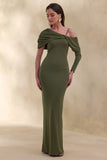 Silvaria Olive Twisted Asymmetric Neck Maxi Dress