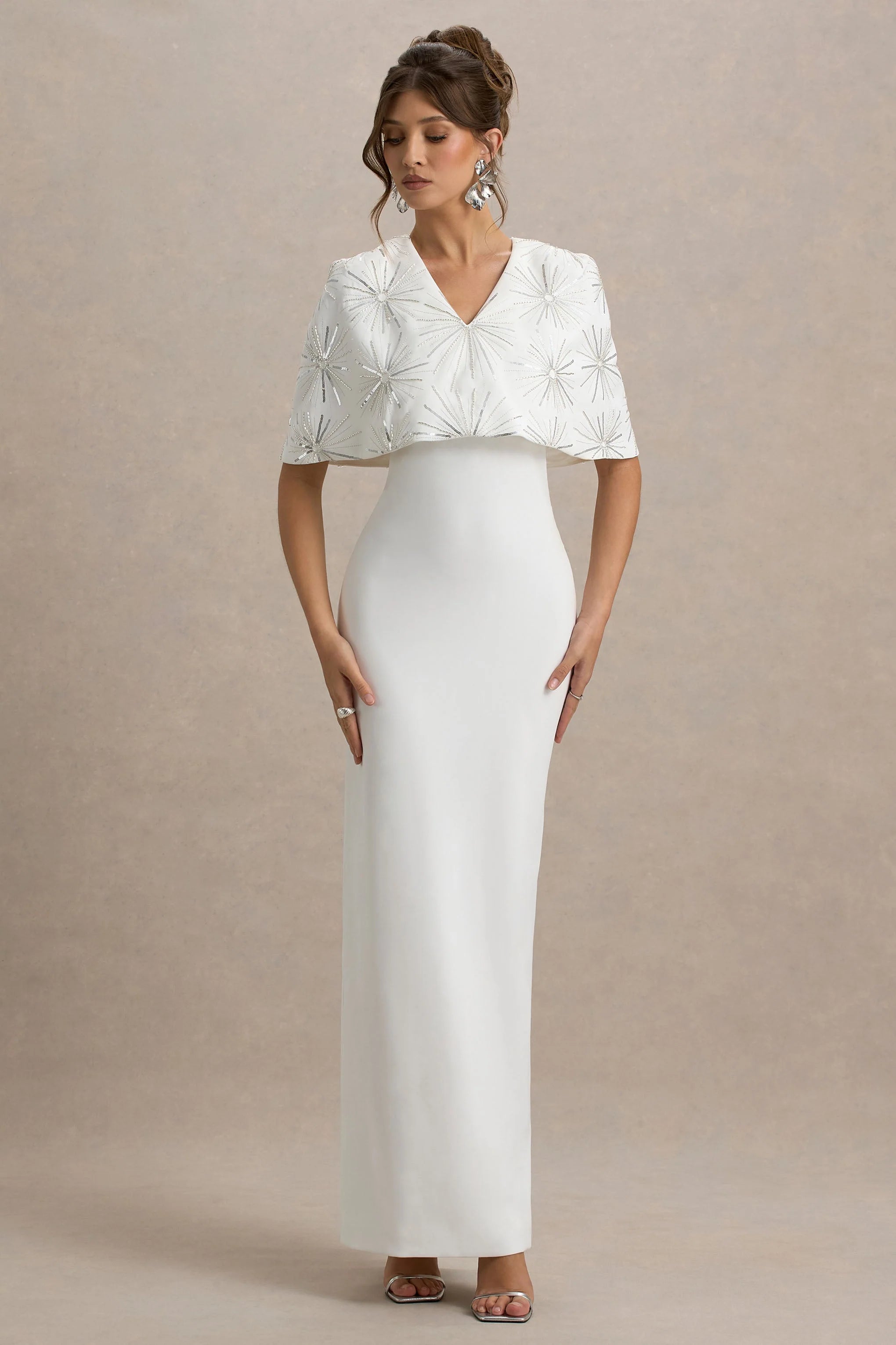Agnella White Embellished V Neck Maxi Dress