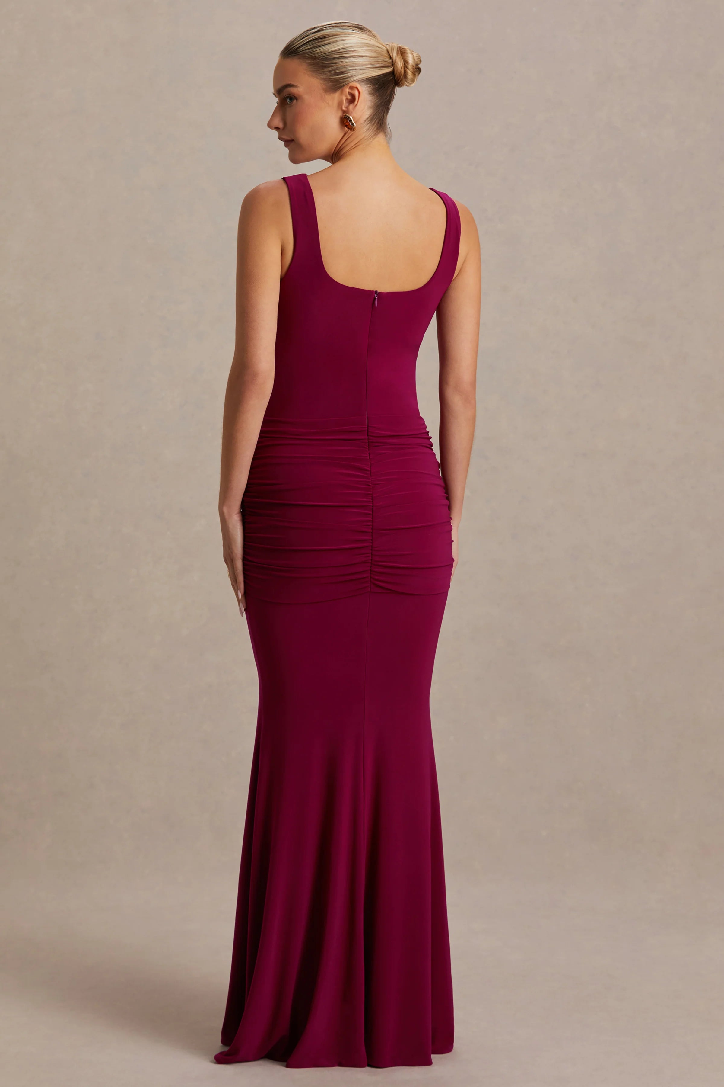 Baylin Burgundy Square Neck Maternity Maxi Dress With Ruched Detailing And Sash