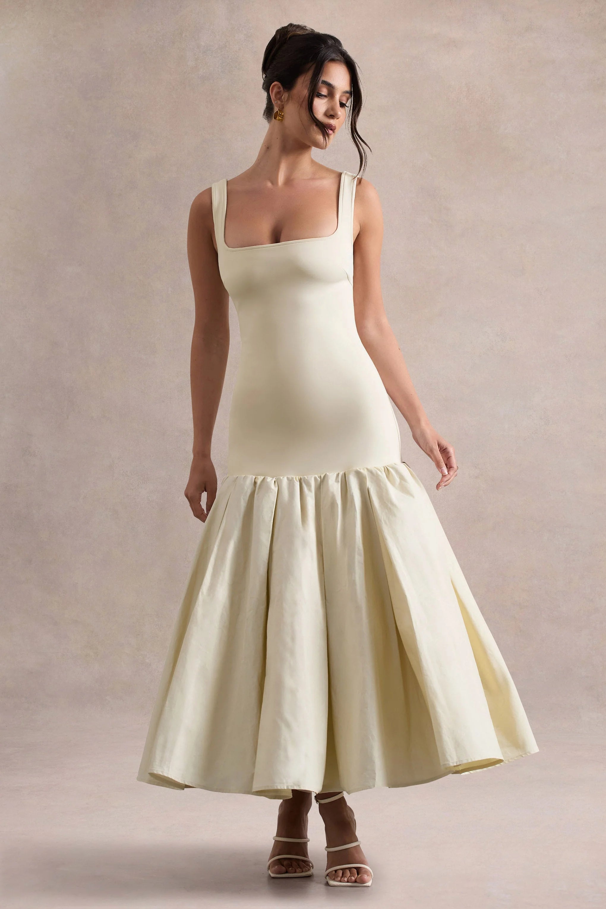 Parida Cream Poplin Drop Waist Midi Dress With Peplum Hem