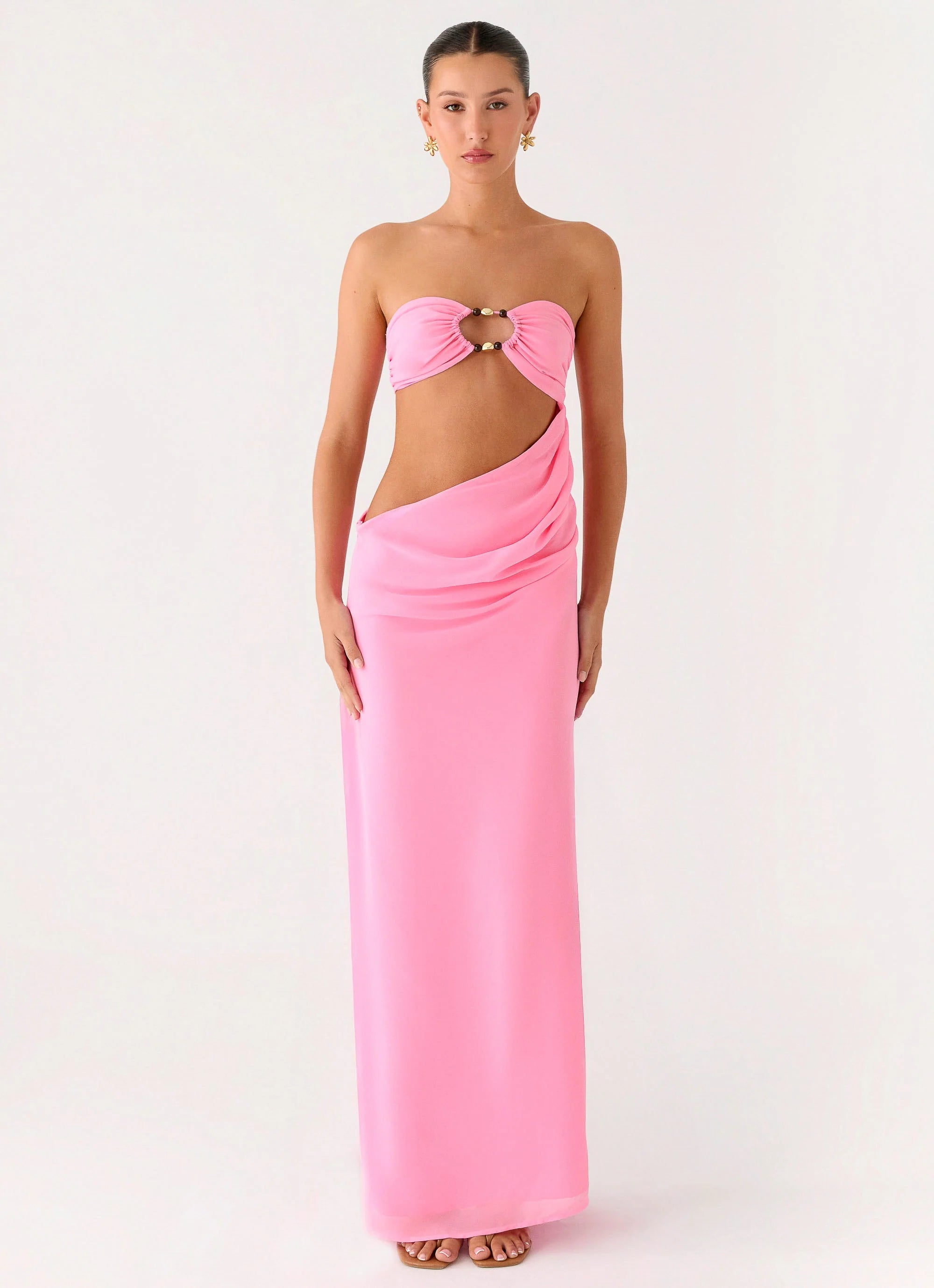 Falling Forever Strapless Beaded Maxi Dress Pink