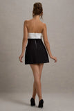 Clare Black White Ruffled Strapless Tailored Mini Dress