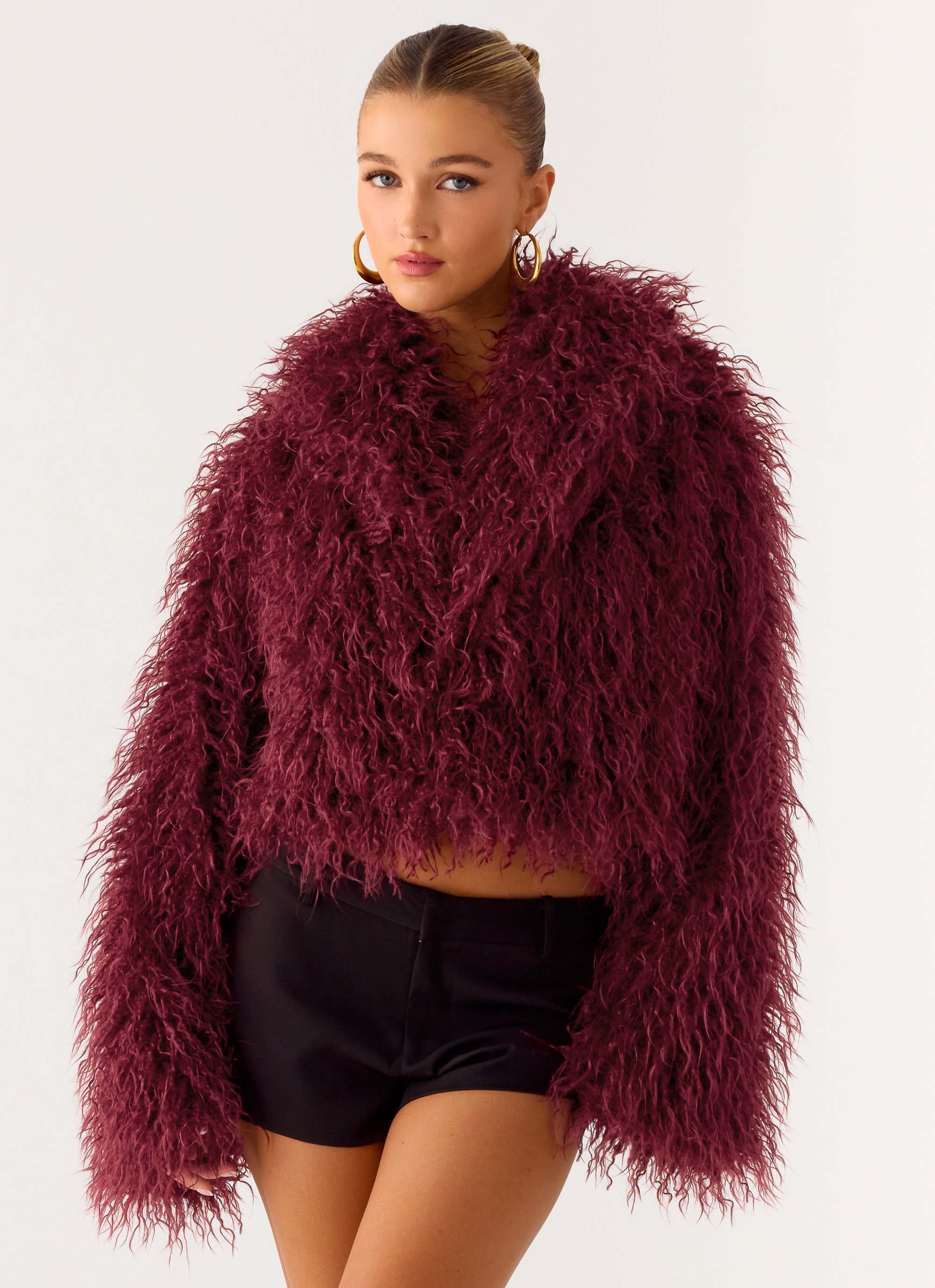 Virginia Cropped Faux Fur Jacket Maroon