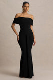 Envisioned Black Bardot Neck Maxi Dress With Gathered And Drape Detail
