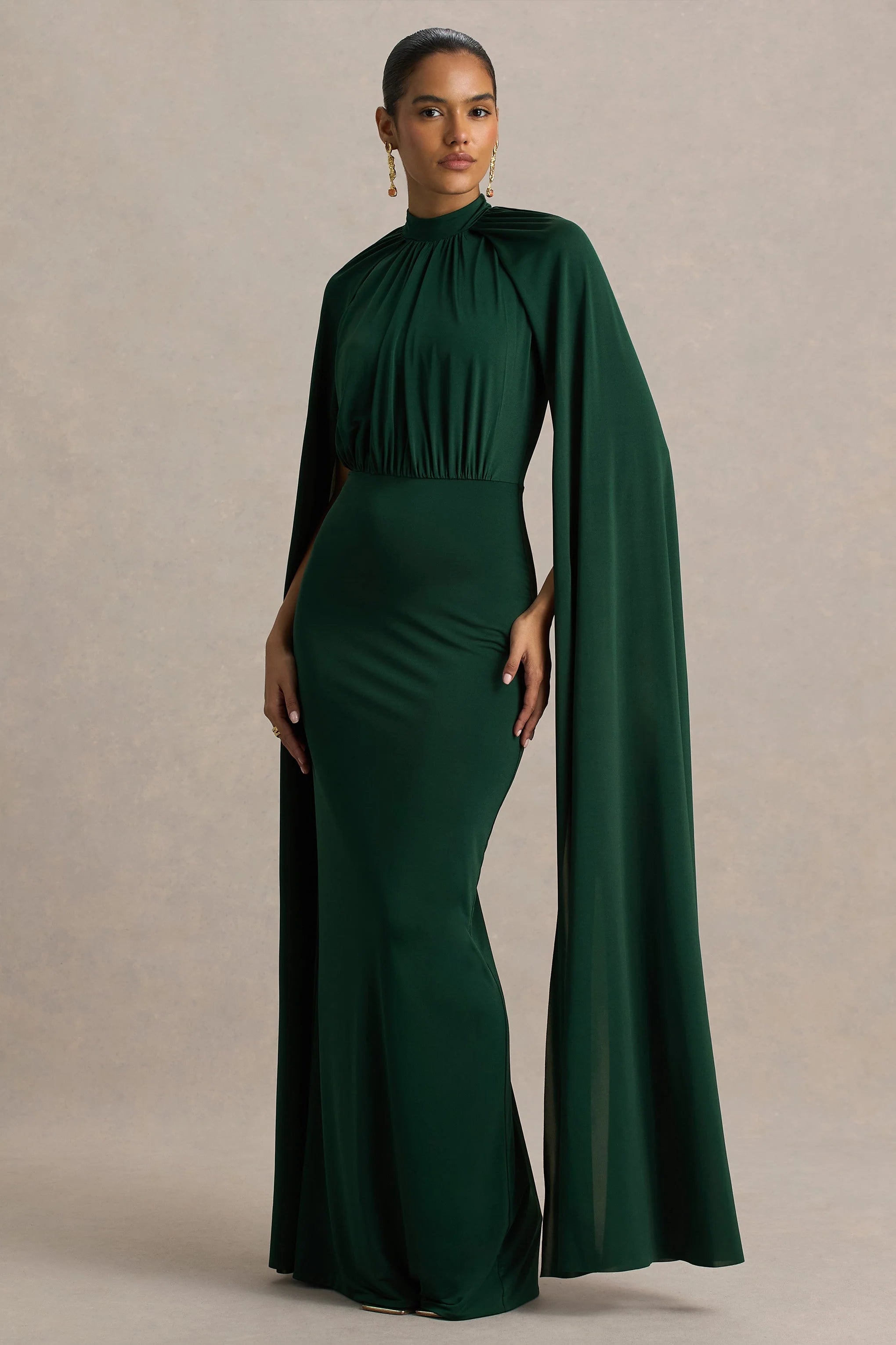 Darielle Bottle Green High Neck Cape Sleeve Maxi Dress