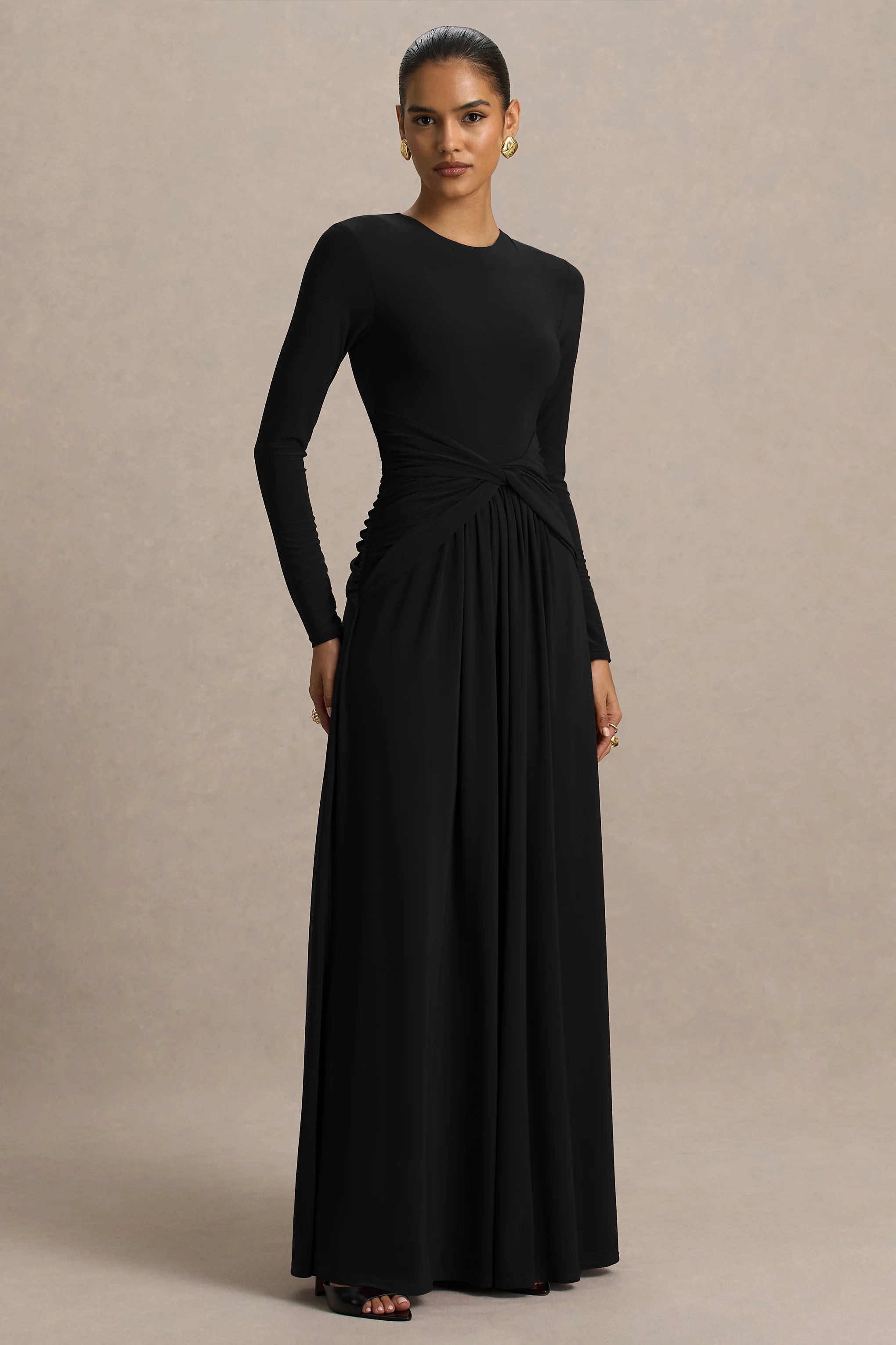 Estrella Black High Neck Maxi Dress With Ruched Detailing