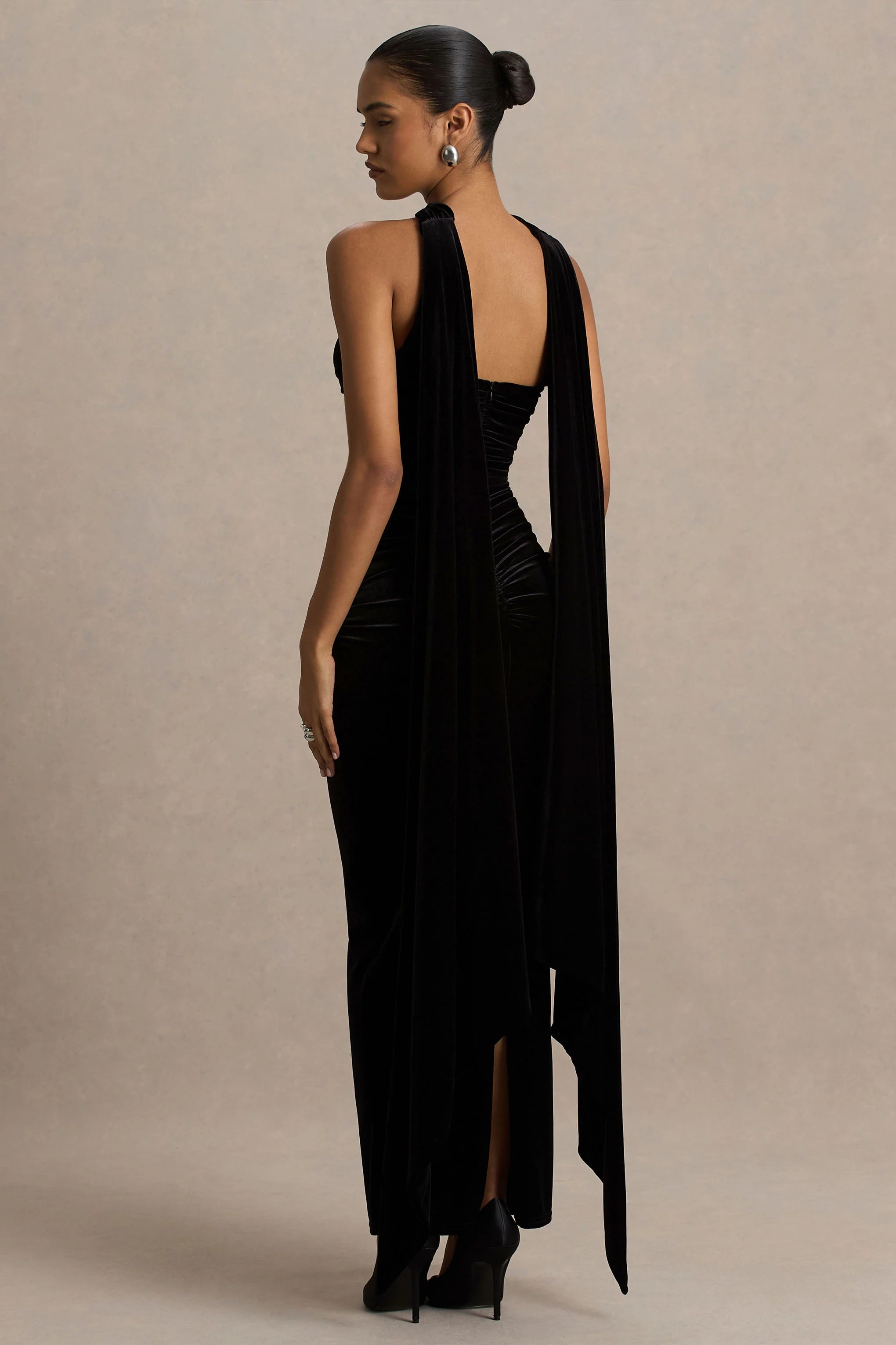 Paloma Black Velvet Bandeau Maxi Dress With Scarf