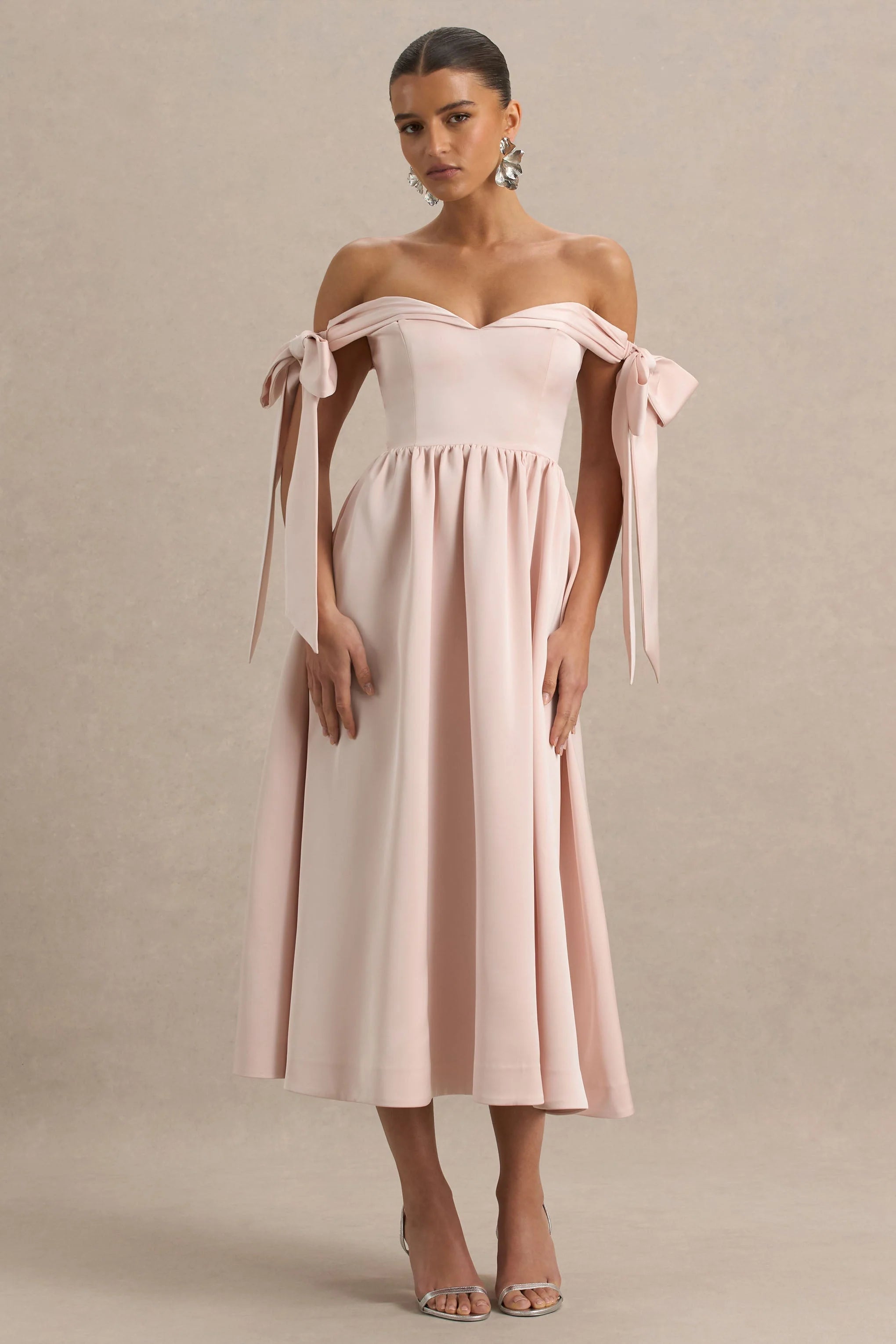 Agafay Rose Pink Satin Short Sleeve Bardot Wrap Midi Dress With Bow Detail