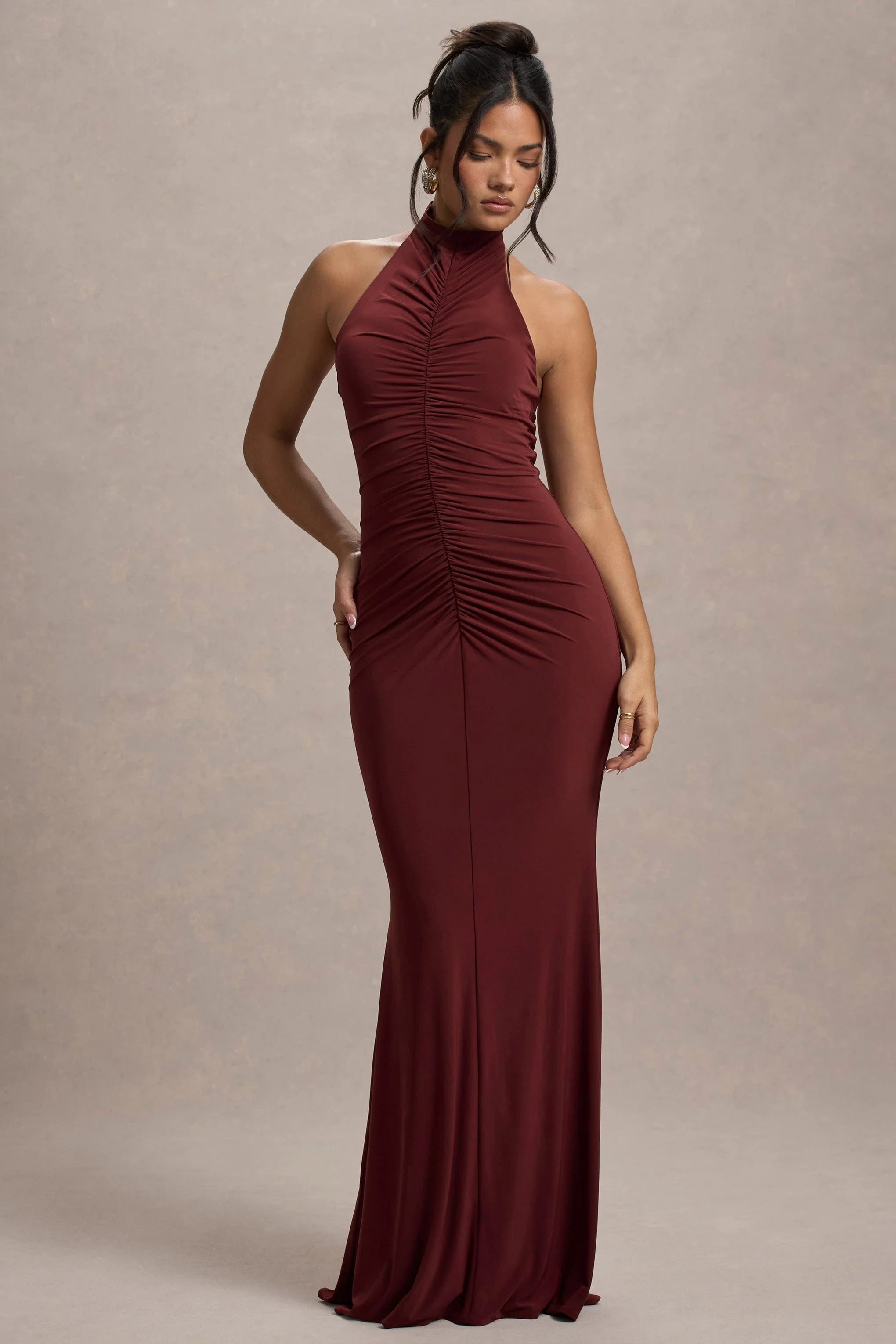 Arietta Port High Neck Ruched Fishtail Maxi Dress