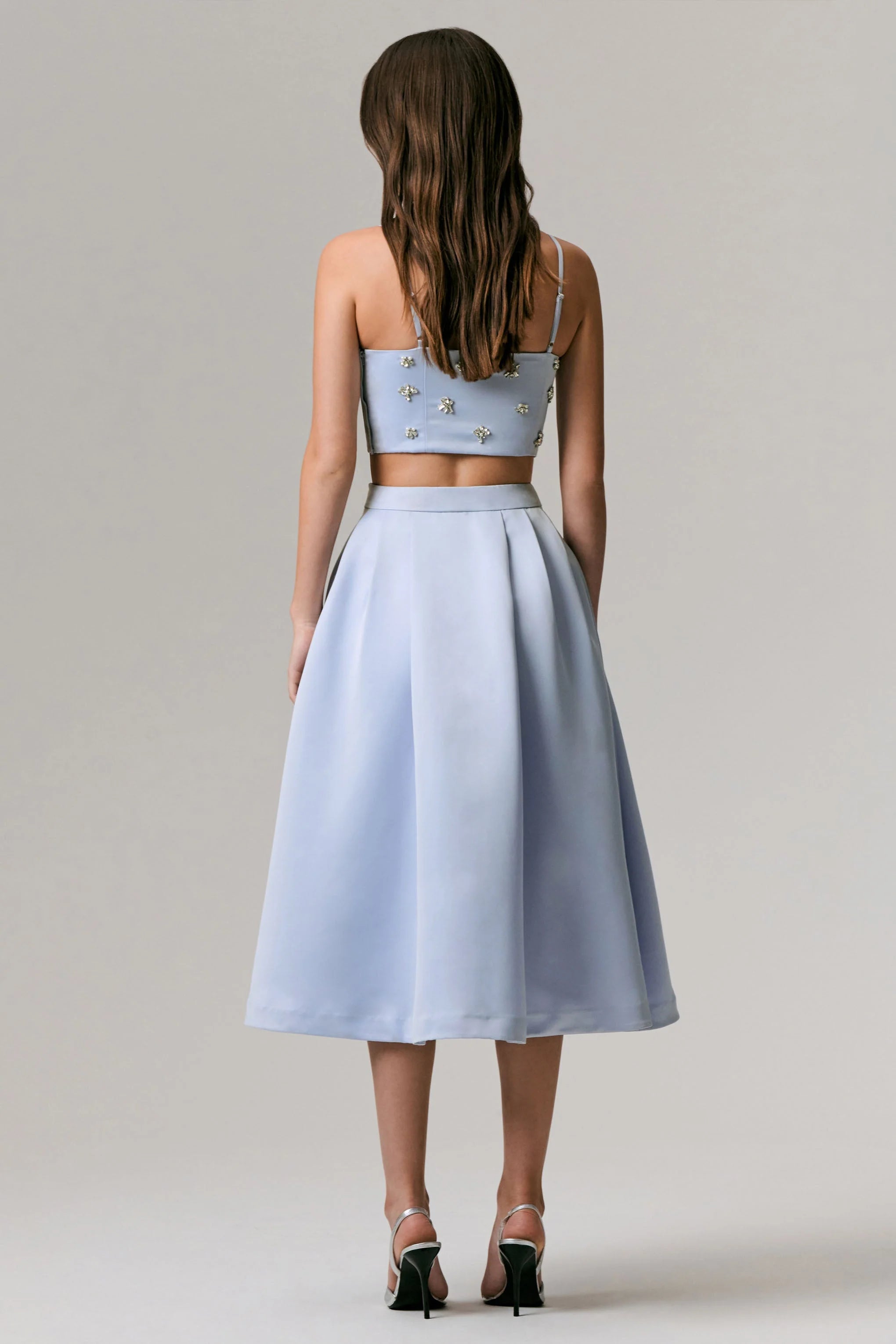 Iris Blue Satin Pleated Midi Skirt