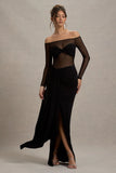 Cover Star Black Mesh Bardot Long Sleeve Draped Maxi Dress