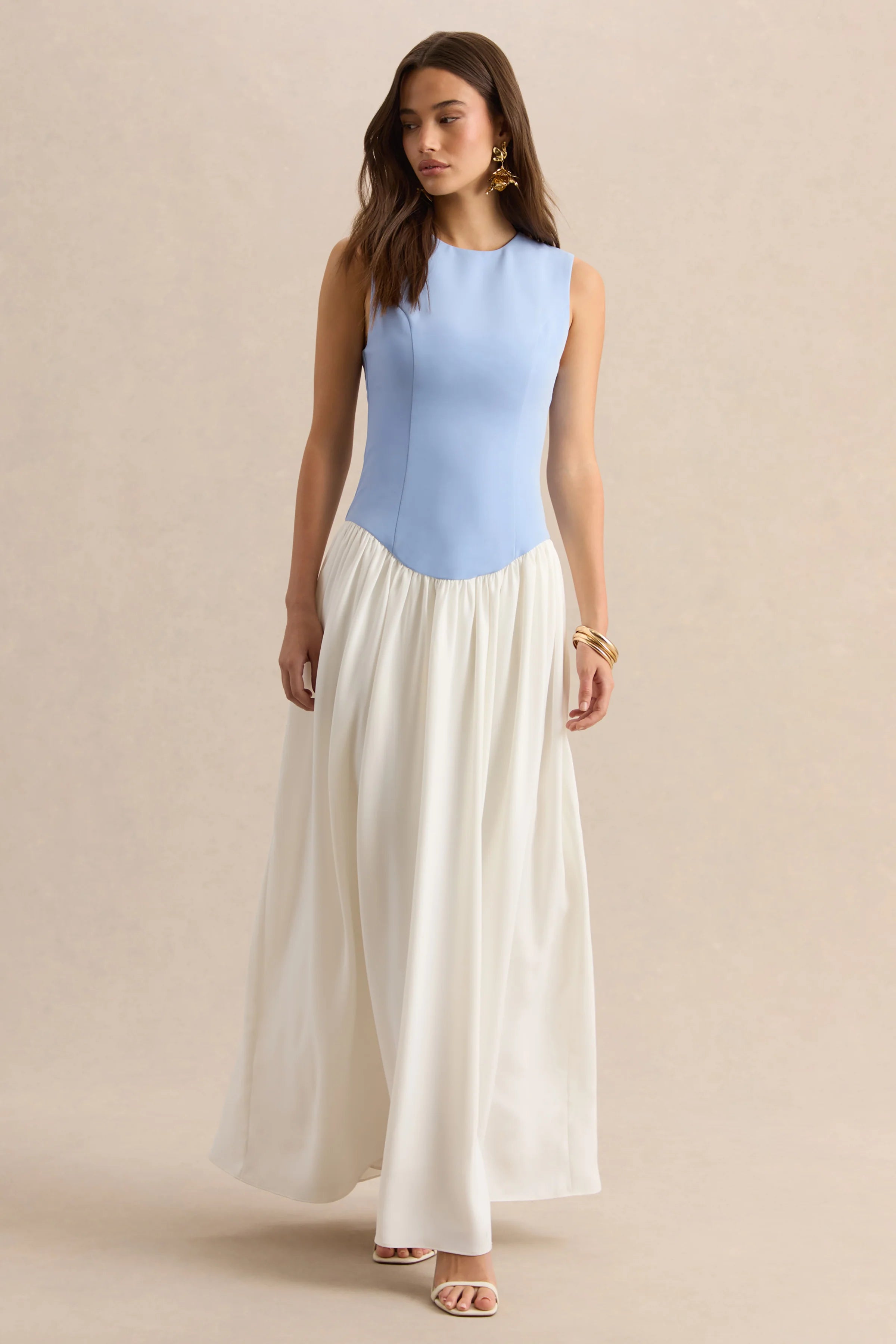 Iliana Powder Blue And White Crew Neck Maxi Dress With Drop Waist And Pleated Skirt