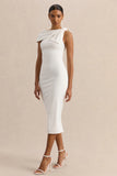 Clarina White Asymmetric Neck Midi Dress With Bow Detail