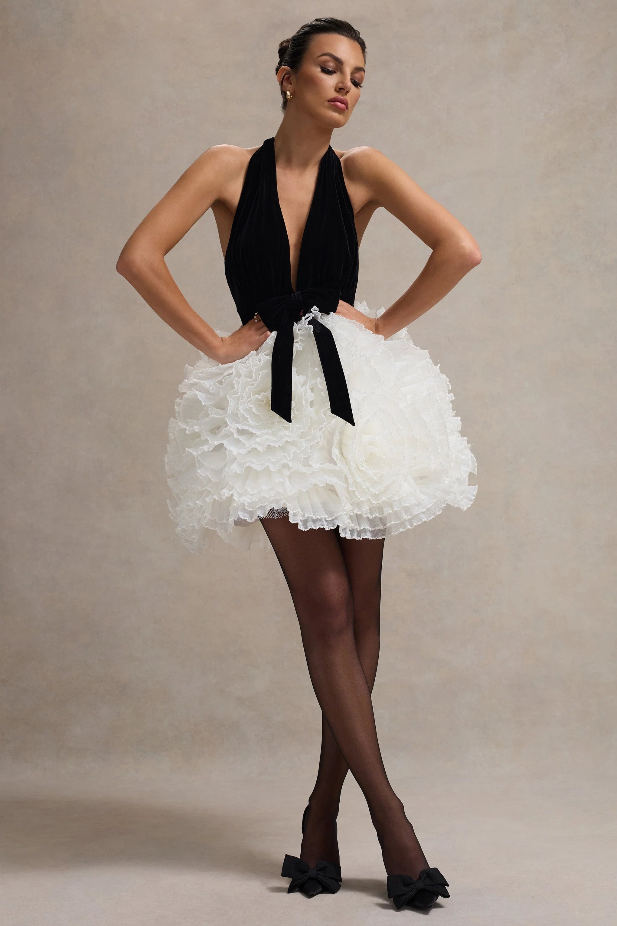 Meringue Black Velvet Plunge Neck Mini Dress With Tulle Skirt