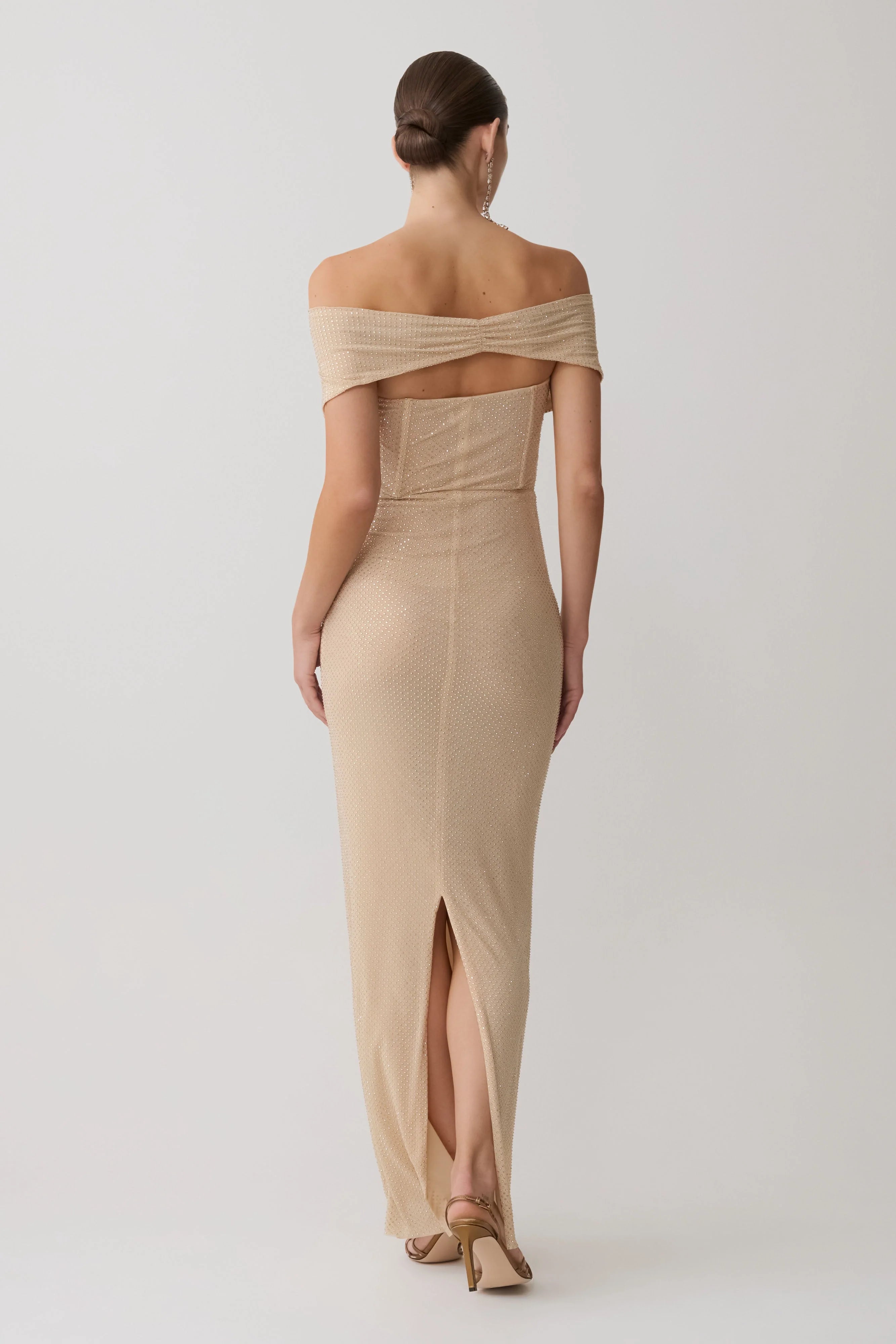 Phi Multi Wear Cowl Diamante Maxi Dress Gold