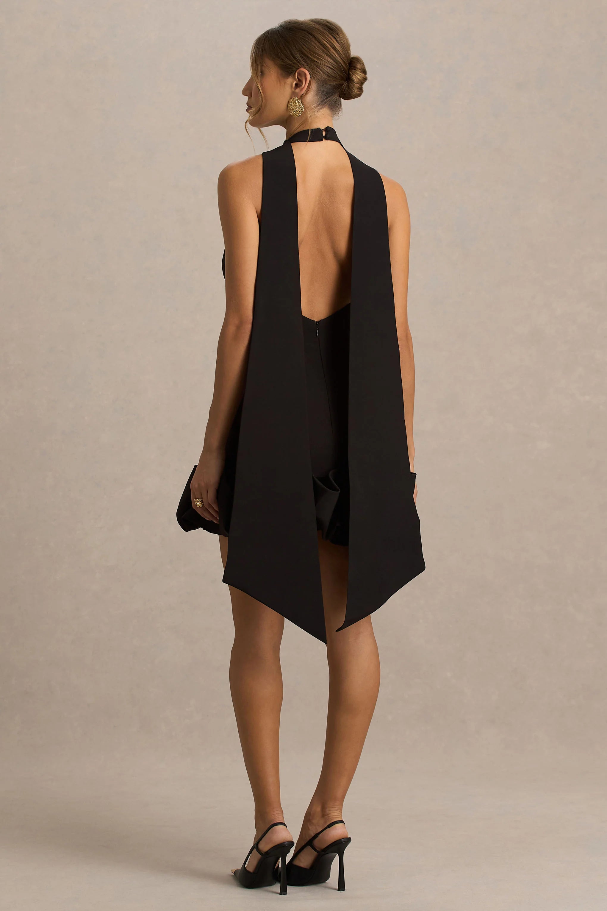 Geneve Black Halter Neck Mini Dress With Ruffled Trim
