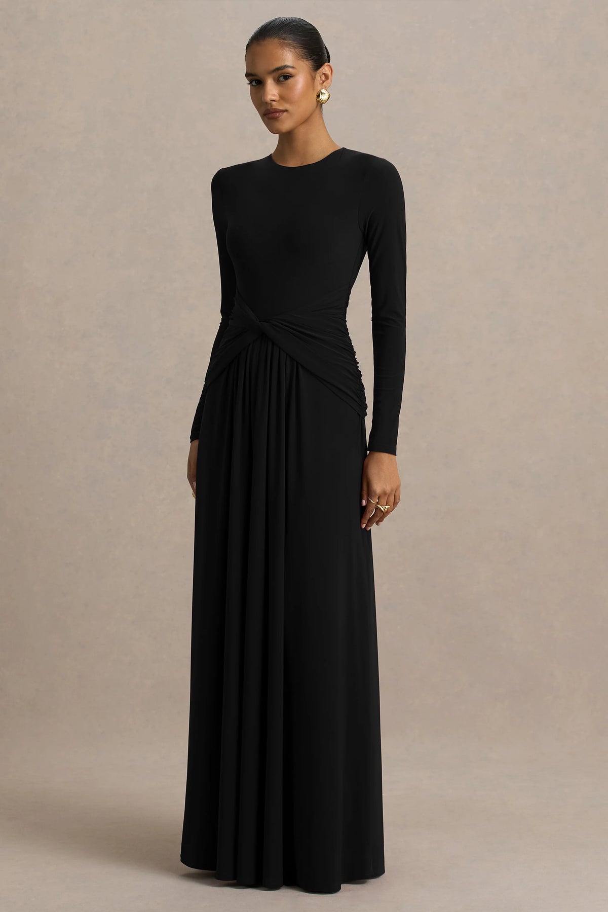 Estrella Black High Neck Maxi Dress With Ruched Detailing