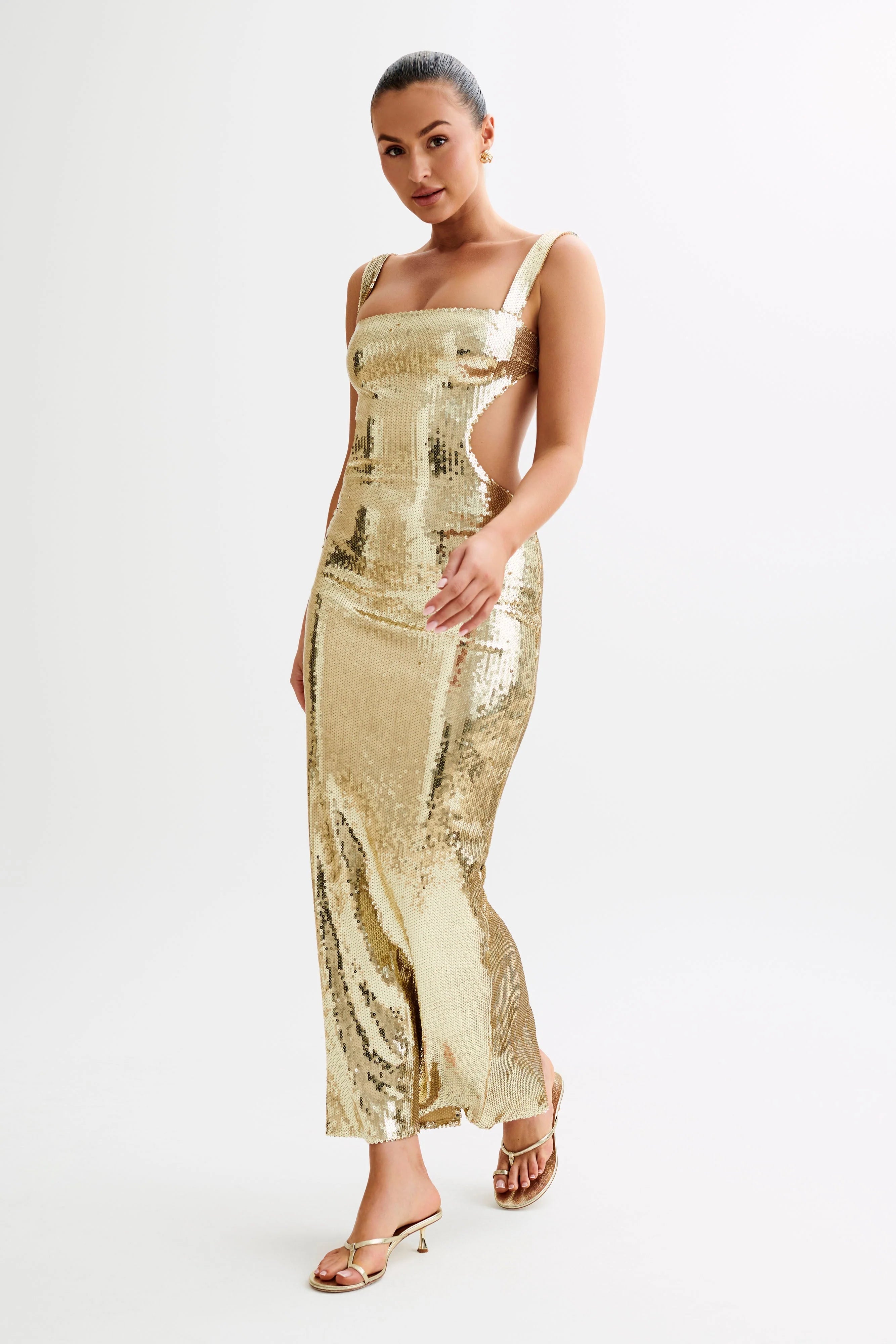 Adoria Sequin Cut Out Maxi Dress Gold