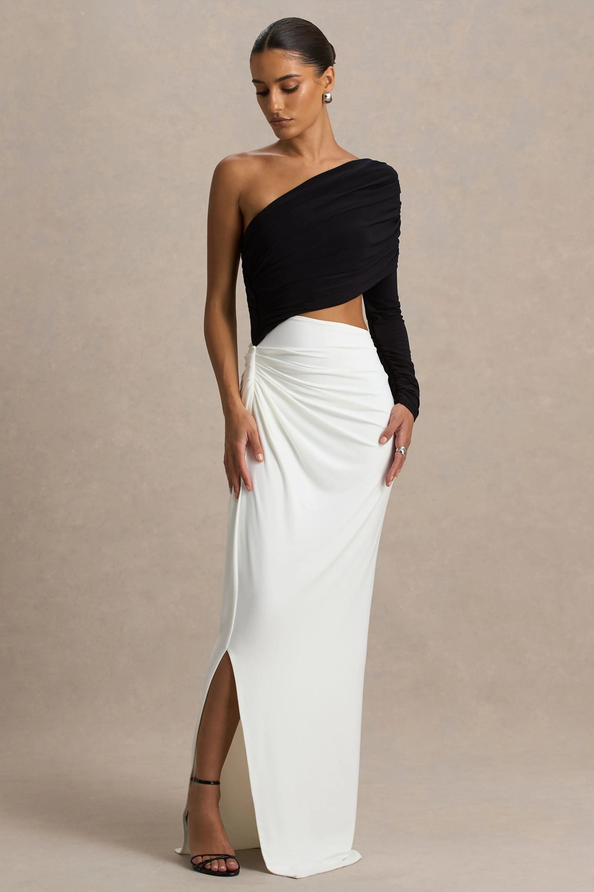 Malika Black And White Asymmetric Neck Maxi Dress With Body Cut Out And Gathered Detailing
