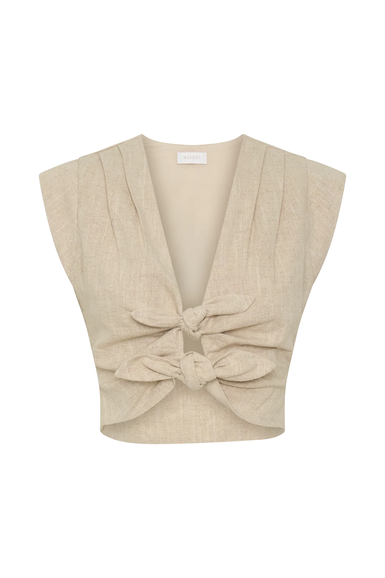 Anahita Linen Front Bows Short Sleeve Top Natural