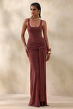 Lienna Brown Scoop Neck Maxi Dress With Gathered Detail And Sash