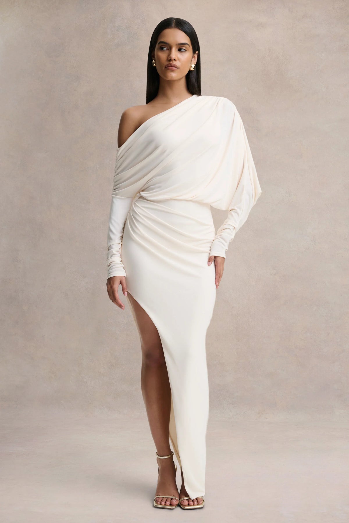 Olivia Cream Asymmetric Neck Maxi Dress With Ruched Detailing Asymmetric Hem