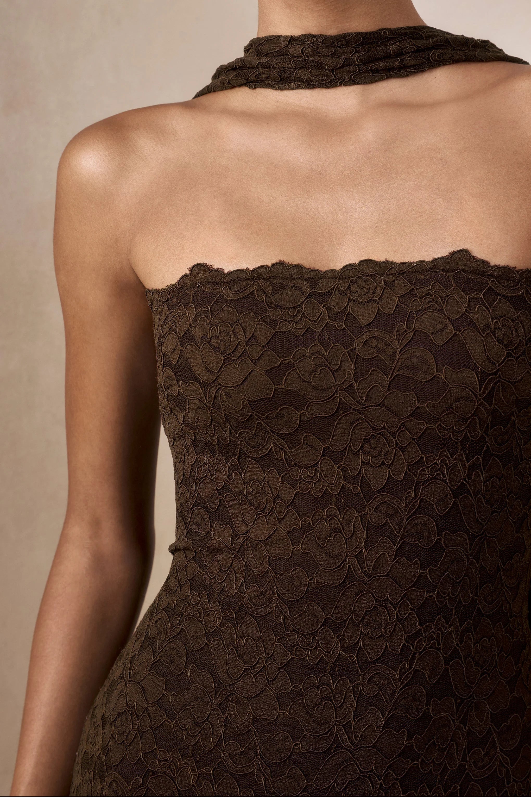 Massima Brown Lace Bandeau Maxi Dress With Scarf Detail