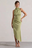Sophina Light Olive Satin Cowl Neck Asymmetric Midi Dress