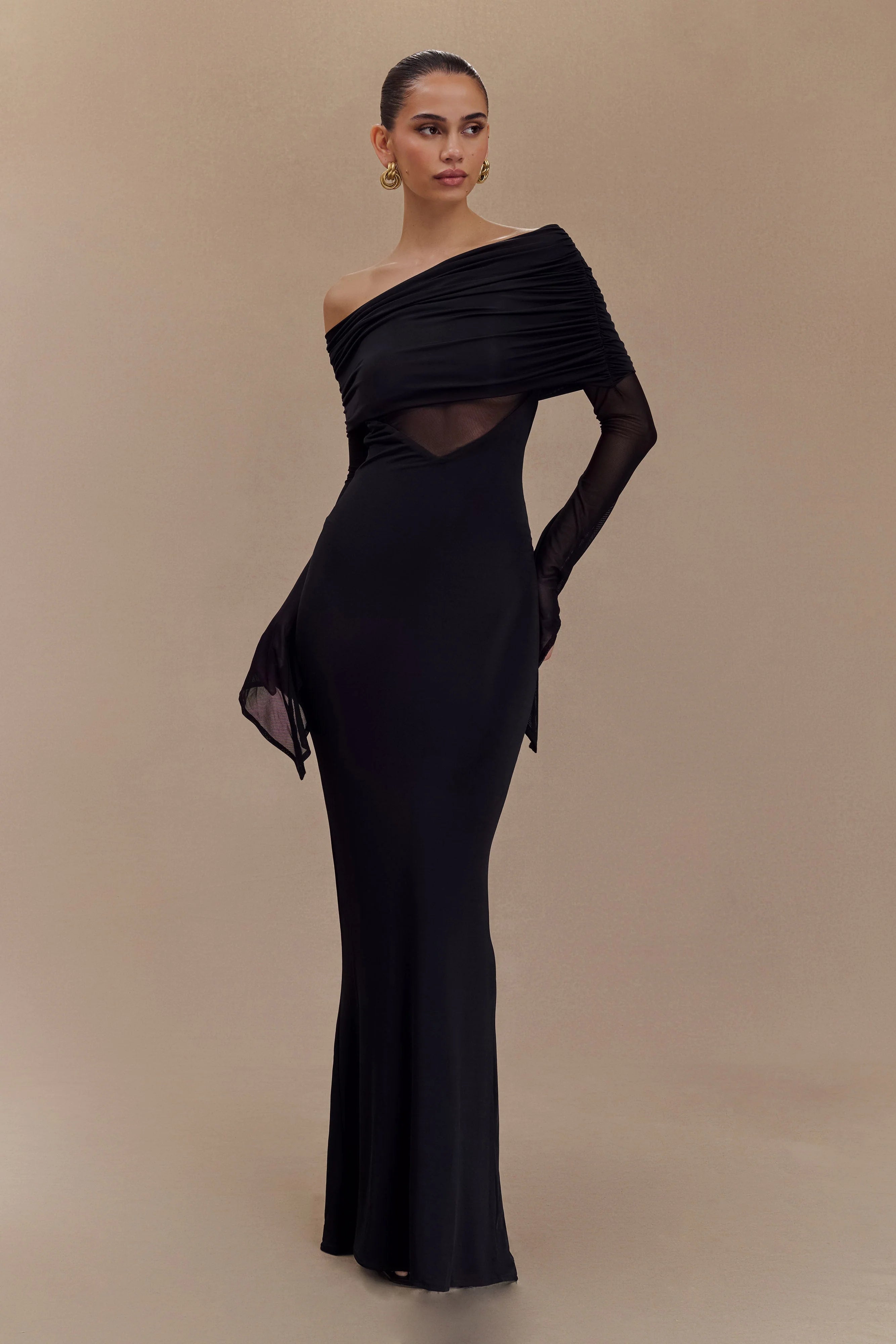 Kaitlin One Shoulder Slinky And Mesh Maxi Dress Black