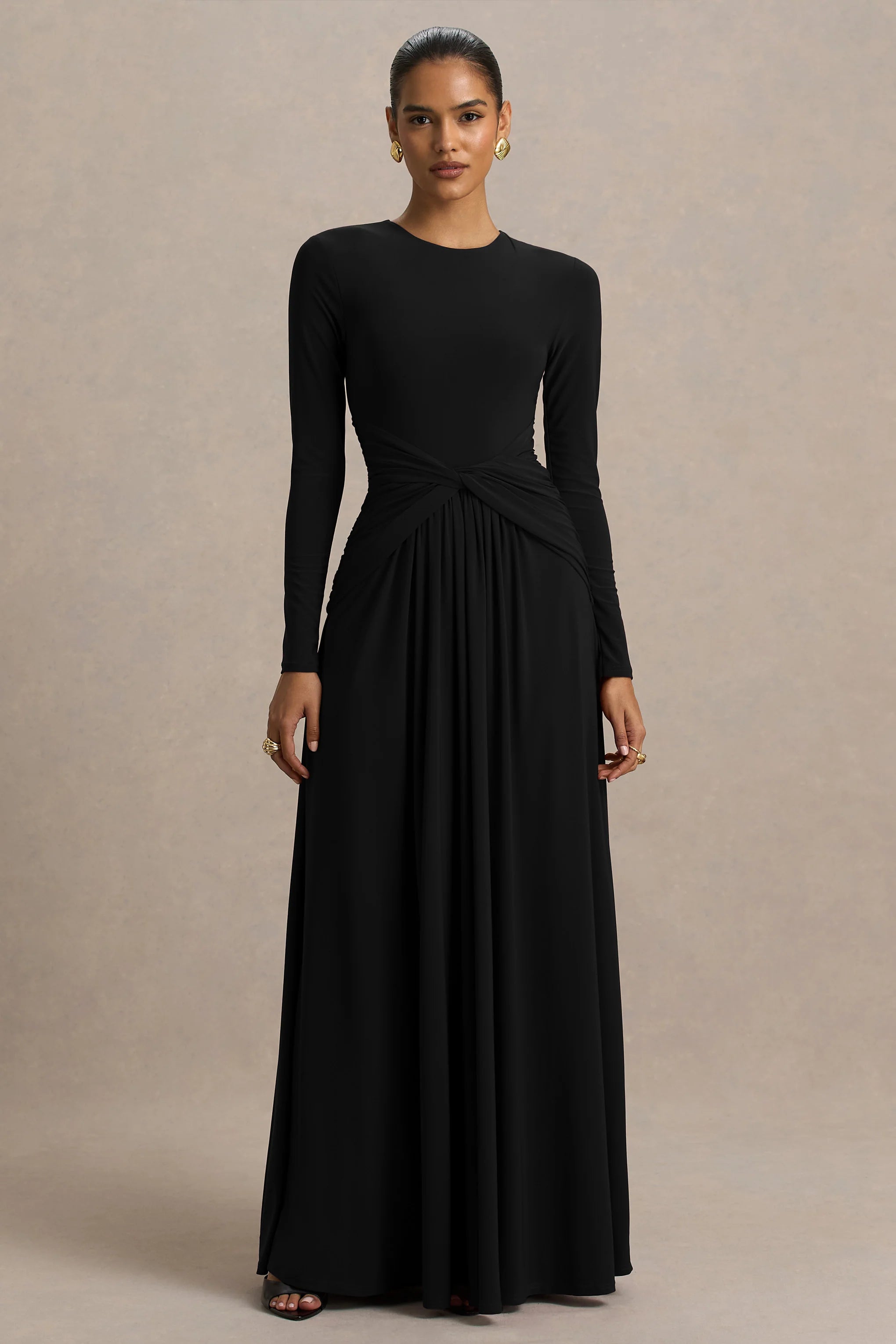 Estrella Black High Neck Maxi Dress With Ruched Detailing