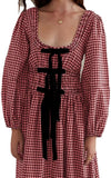 Women Plaid Maxi Dress Long Puff Sleeve Square Neck Flowy Boho Dress Bow Tie Smocked Fall Dresses