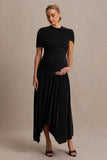 Eleni Black Crew Neck Maternity Maxi Dress With Cape Sleeves And Drop Waist