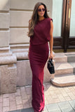 Meave Burgundy Boat Neck Maxi Dress With Draped Detail