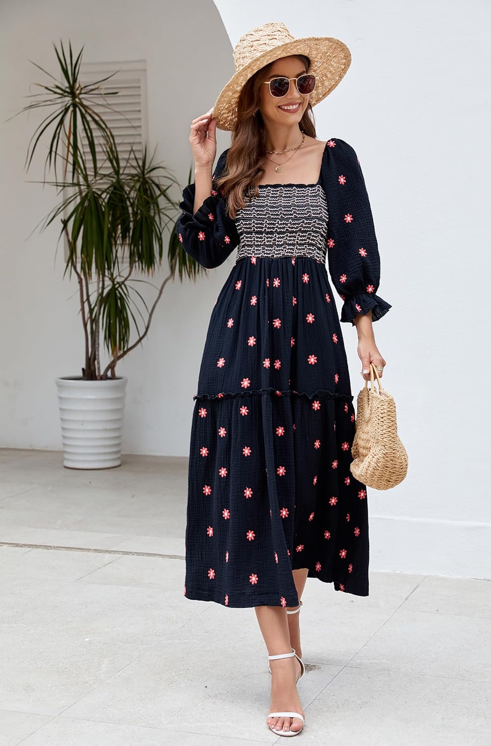 Women Floral Embroidered Maxi Dress Long Puff Sleeve Square Neck Bohemian Flowy Dress with Pockets Summer Fall