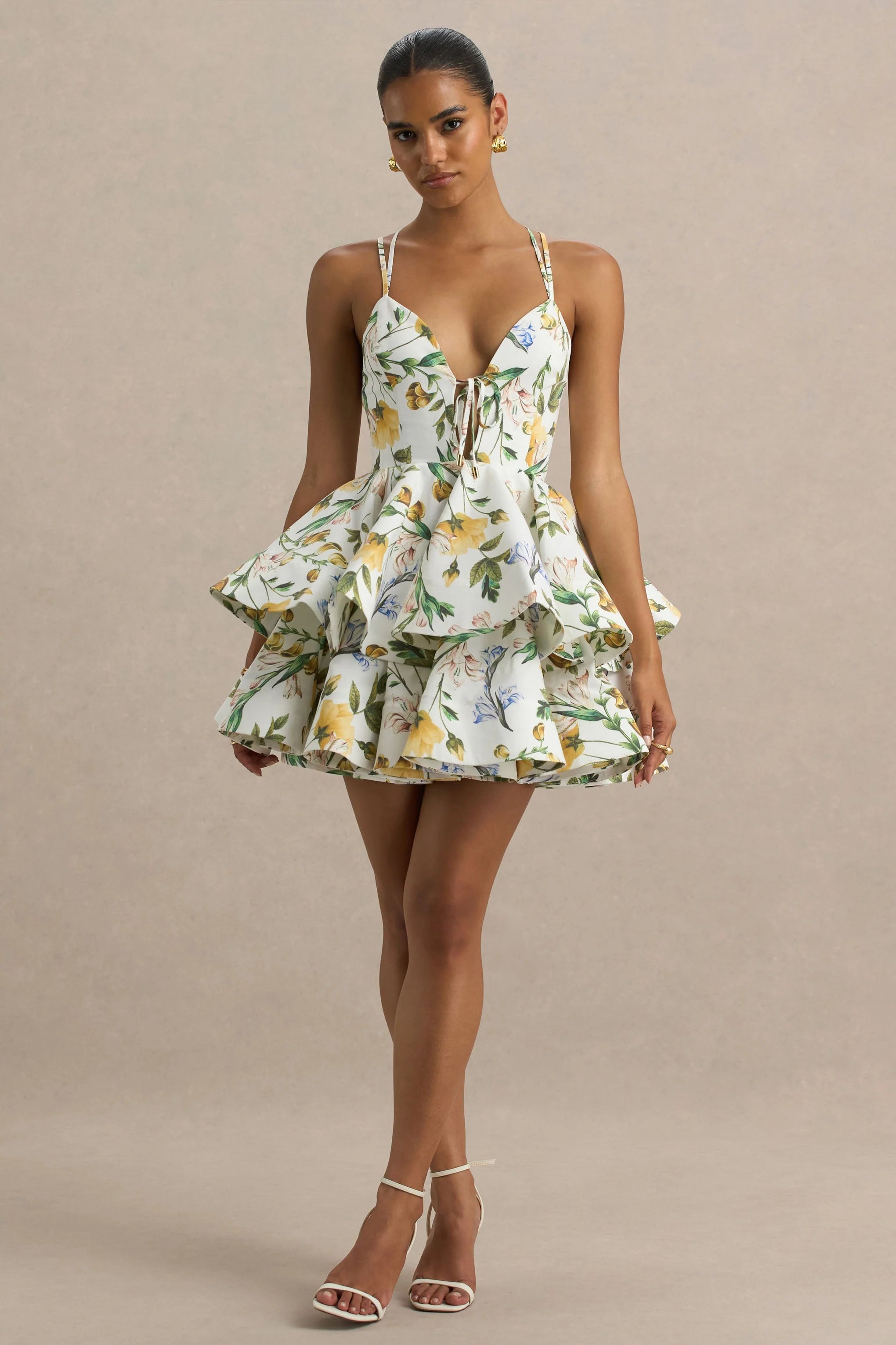 Flavia Lemon Floral Print Plunge Neck Ruffled Skater Micro Mini Dress