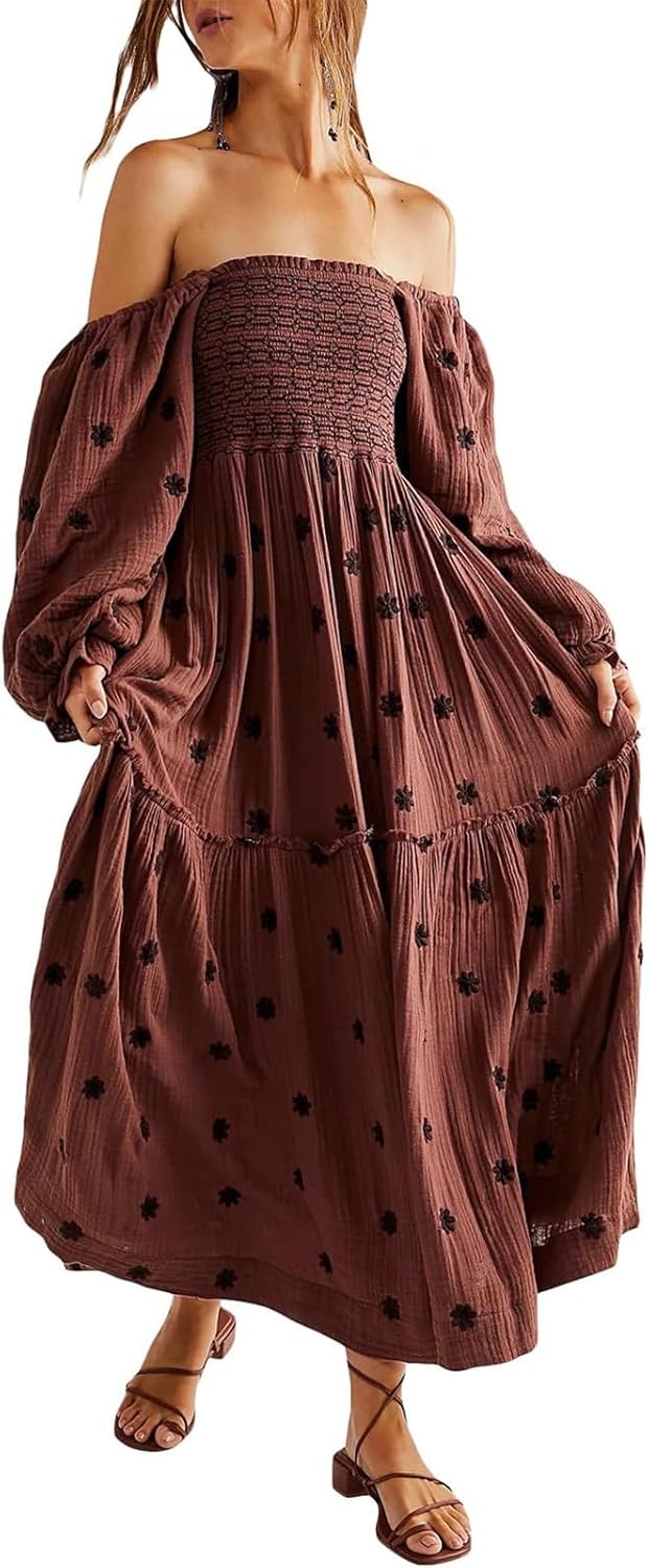 Women Floral Embroidered Maxi Dress Long Puff Sleeve Square Neck Bohemian Flowy Dress with Pockets Summer Fall