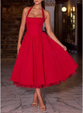 Women Halter Midi Dress Corset Back Layered Tulle Skirt A Line Formal Dresses Wedding Guest Bridal Shower