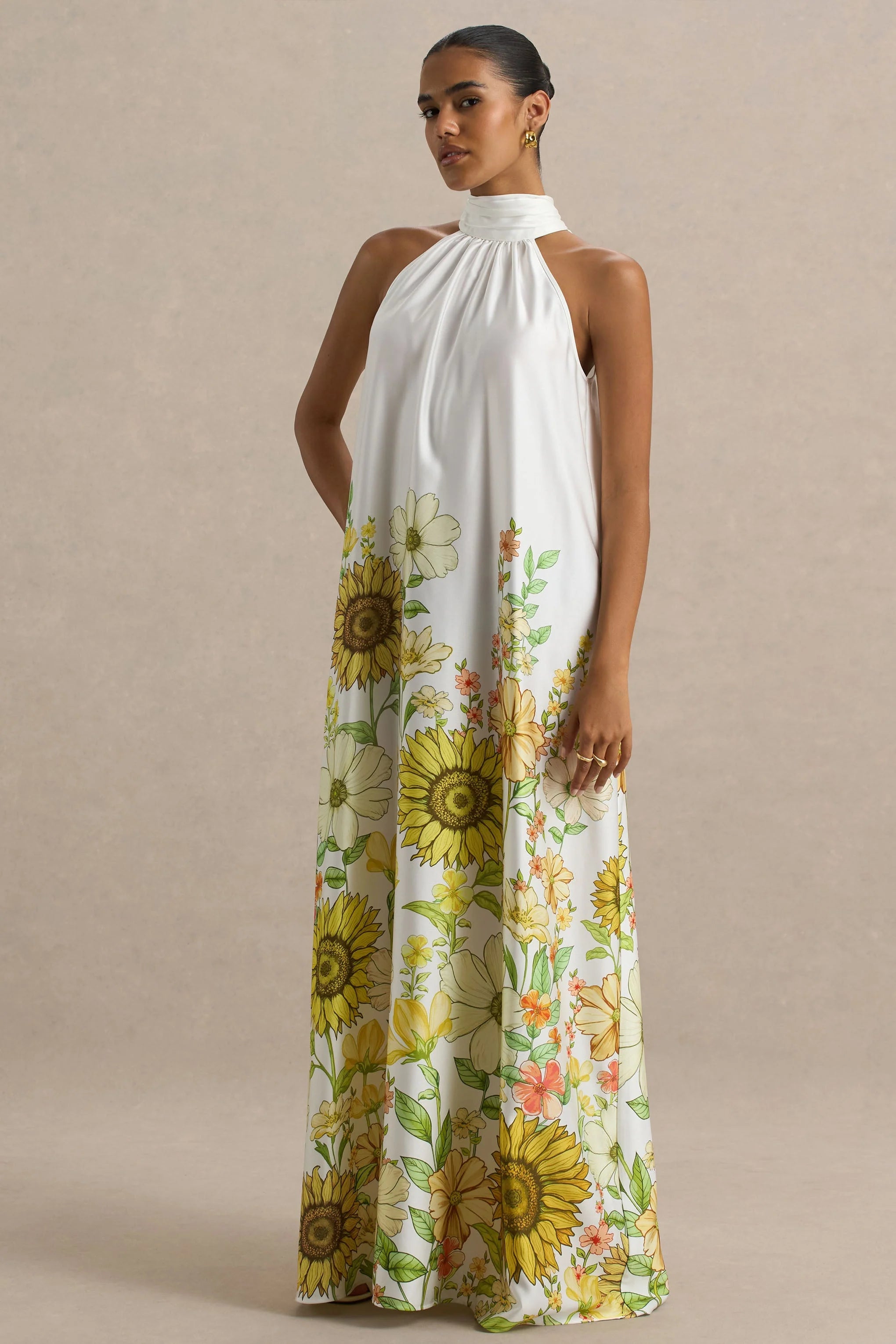 Glide Sunflower Print Satin High Neck Slip Maxi Dress