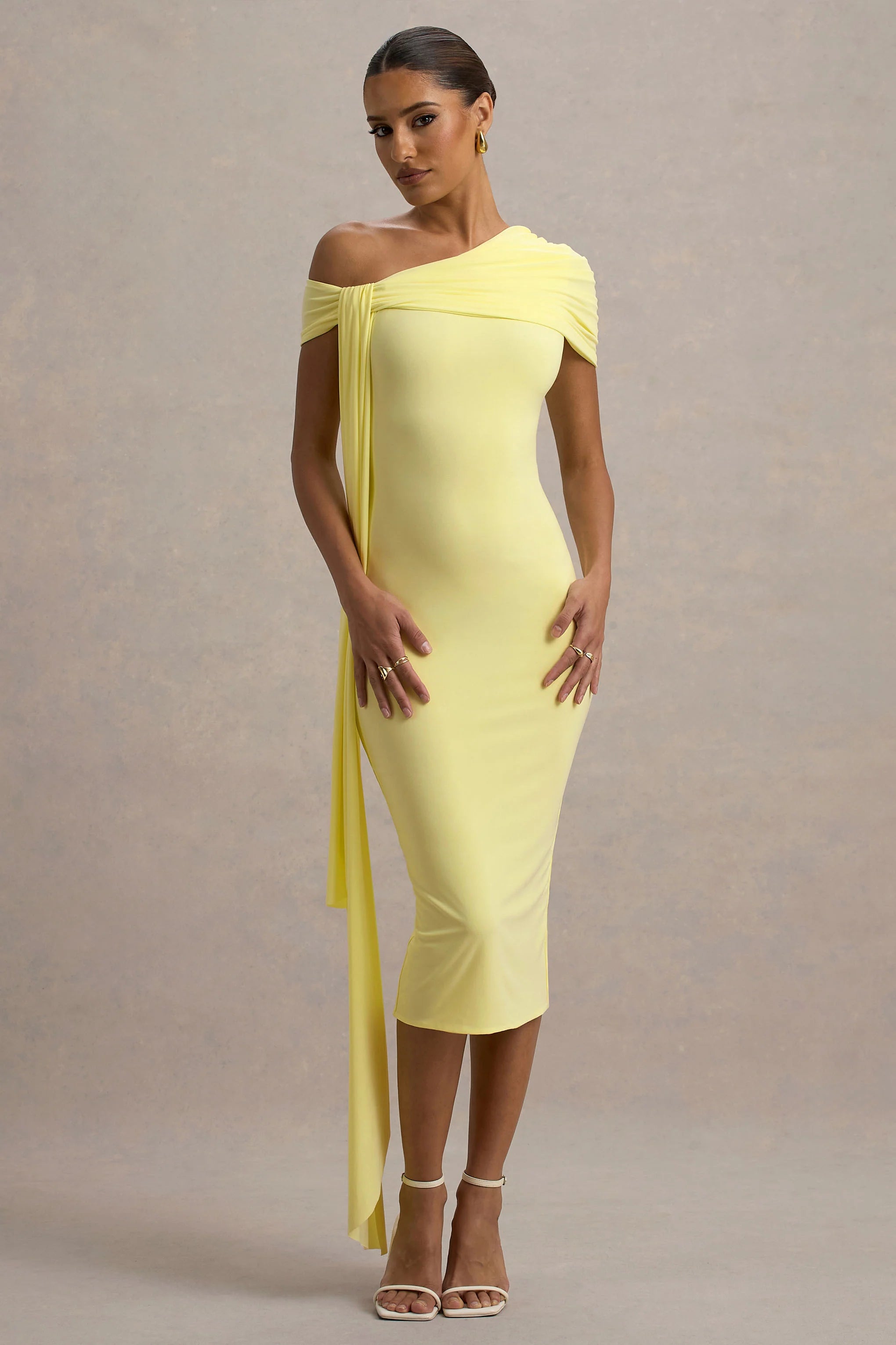 Vallea Lemon One Shoulder Draped Midi Dress