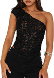 Women One Shoulder Lace Top Irregular Hem Backless Crop Tops See Through Sheer Tank Tops Going Out Clubwear